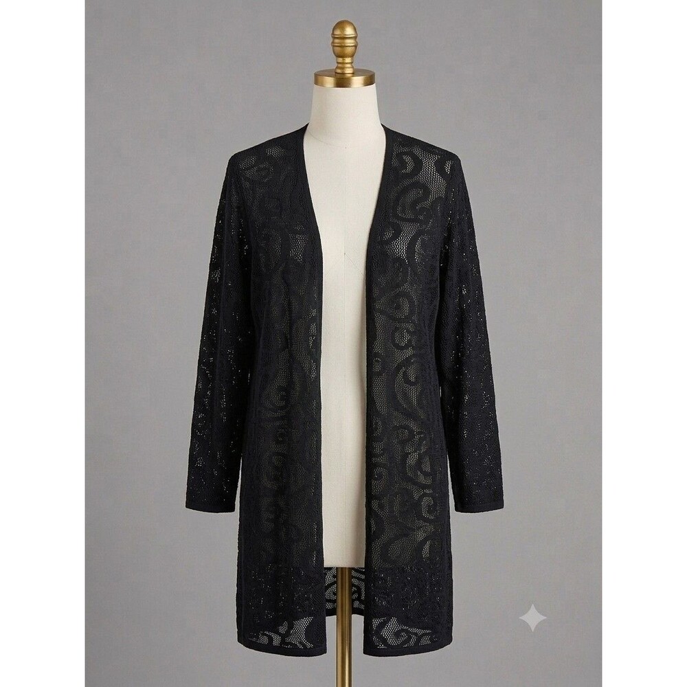 EXCLUSIVELY MISOOK Black Scroll Swirl Sheer Mesh Open Front Long Cardigan - XL